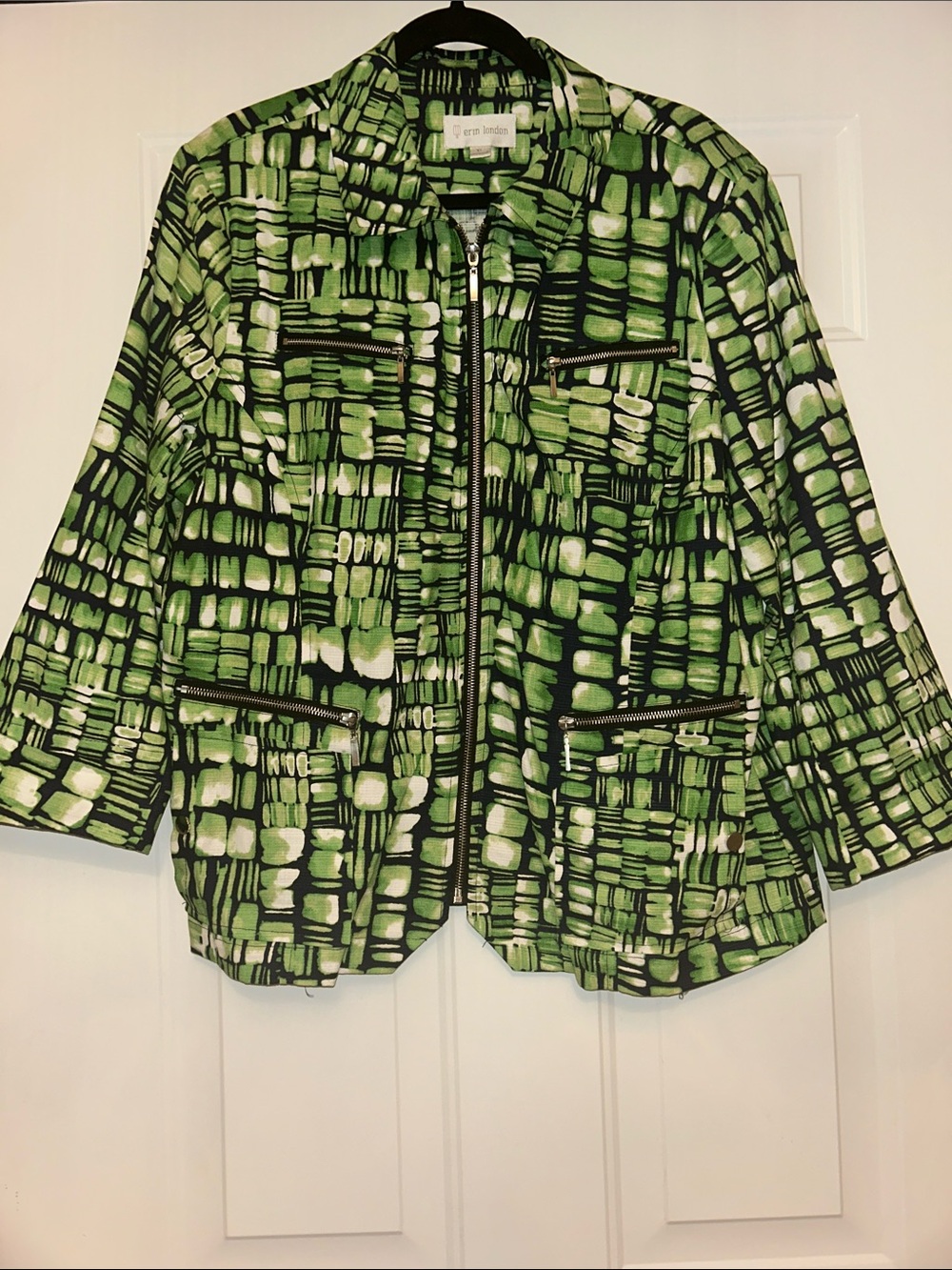 Erin London Cotton Zip-Front Jacket XL Green Side & Zip Pockets Abstract Career
